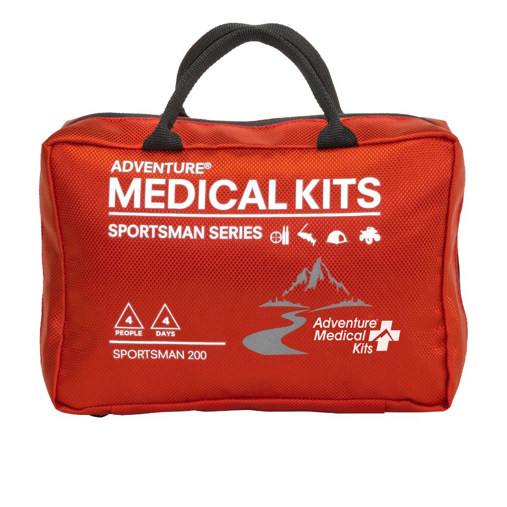 Red Adventure Medical Kits Sportsman Series Sportsman 200 first aid bag with black handles, shown on a white background.