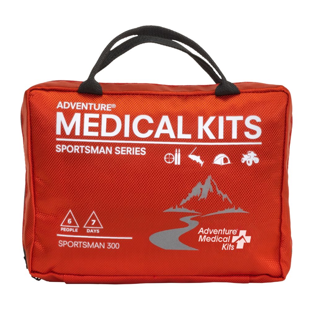 Red Adventure Medical Kits Sportsman Series first aid bag with black handles and white printed graphics on a white background.