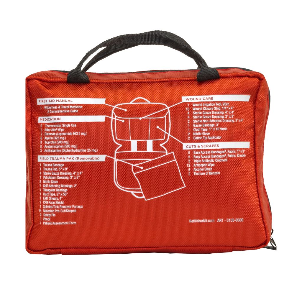Back of the Red Sportsman 300 Medical Kit showing diagram of components