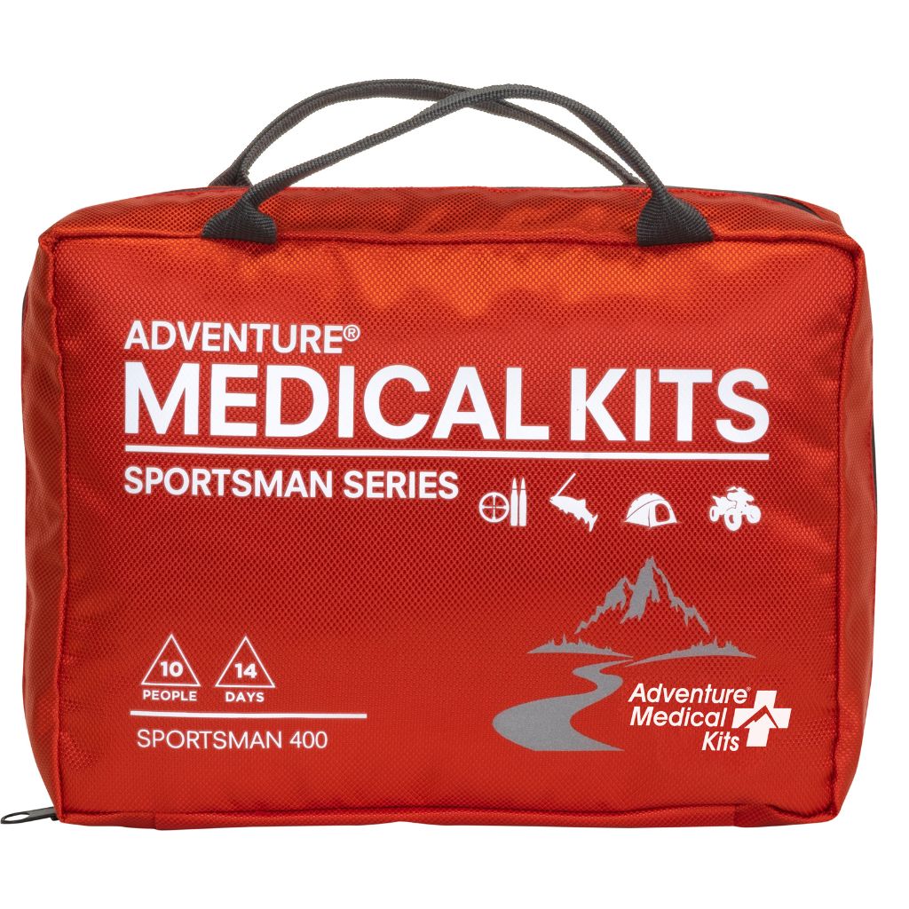 Red Adventure Medical Kits Sportsman Series first aid kit bag with black handles, white printed text, and outdoor icons on a white background.