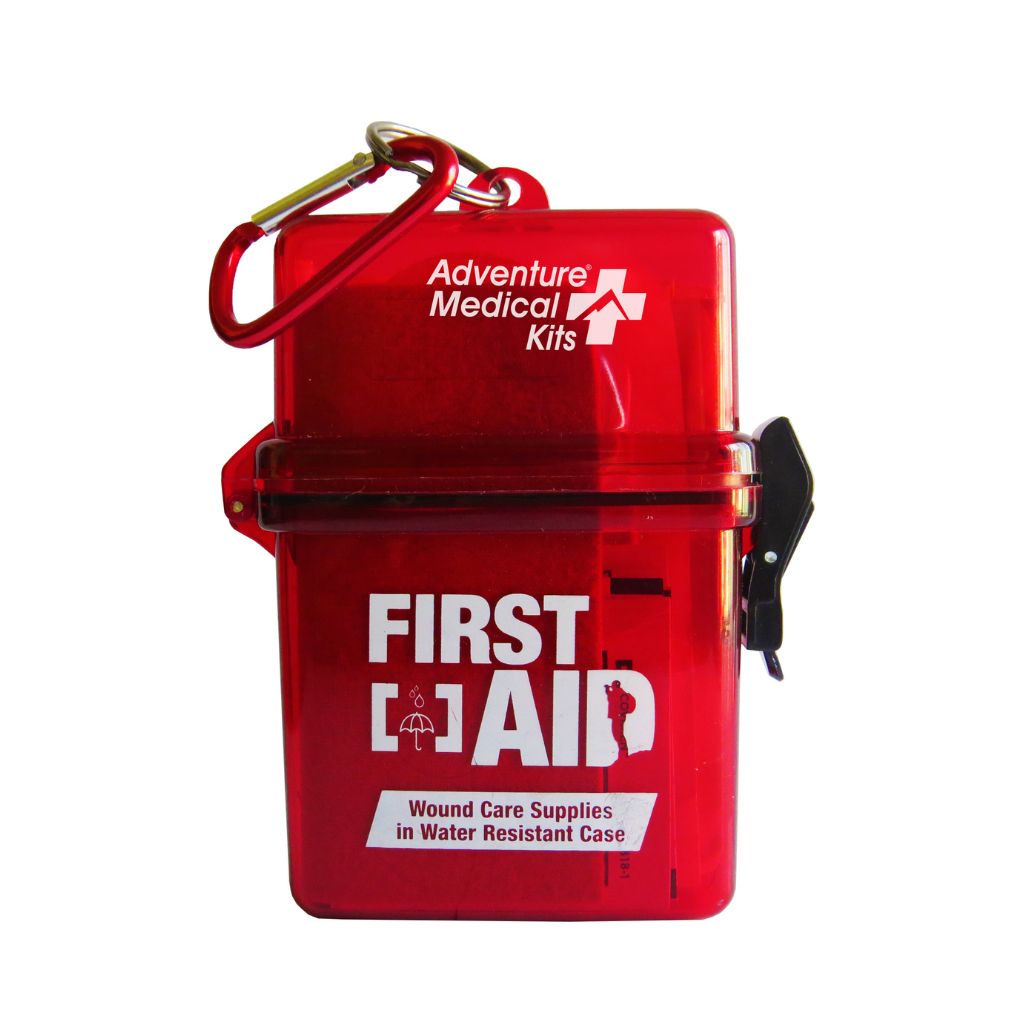 Red Adventure Medical Kits First Aid water-resistant case with a carabiner clip and black latch, shown on a white background.