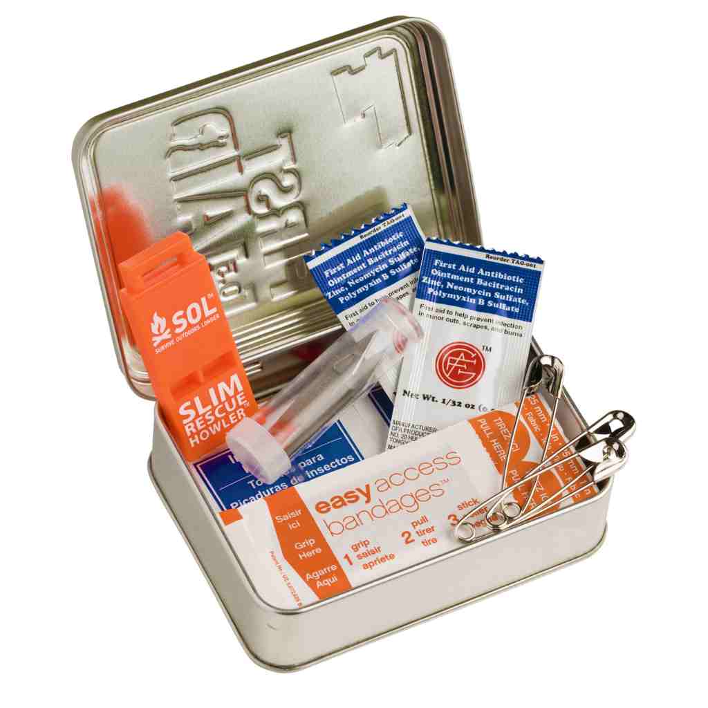 Adventure First Aid, 0.5 Tin opened kit with contents showing
