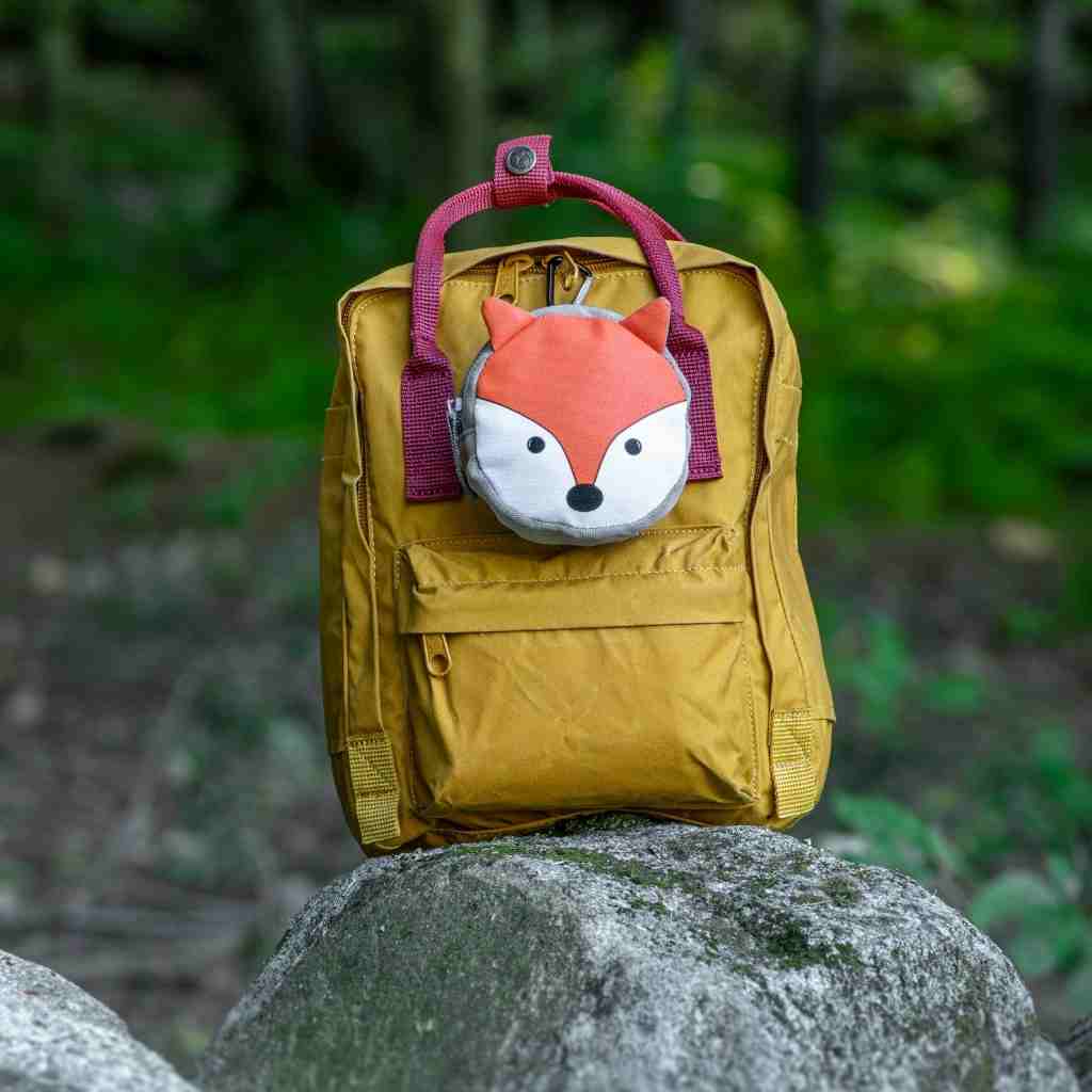 Backyard Adventure Fox First Aid Kit on backpack on rock