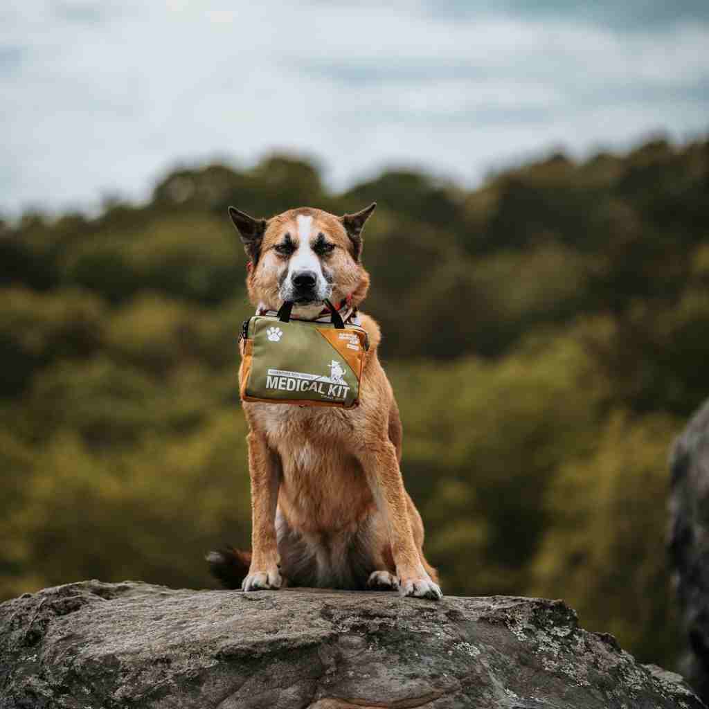 Adventure Dog Medical Kit - Trail Dog brown dog holding kit in mouth on rock