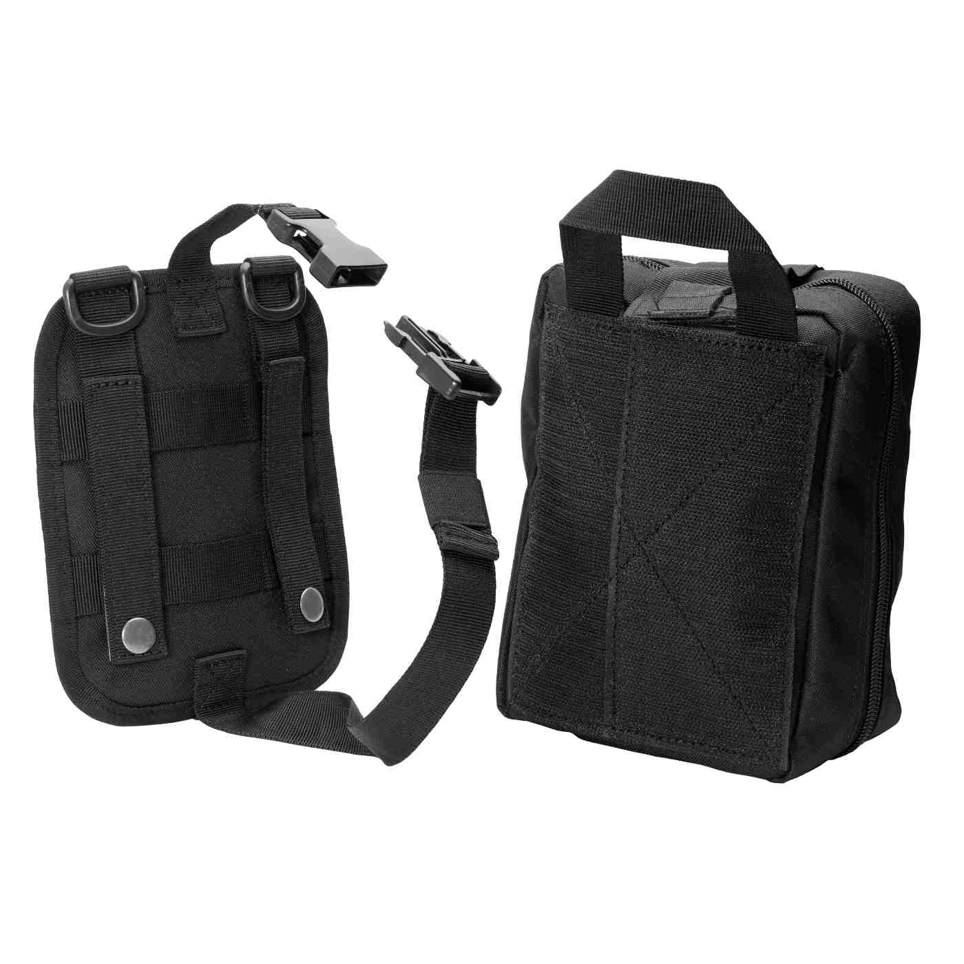 MOLLE Bag Trauma Kit 2.0 - Black one kit showing clip mechanism next to kit with Velcro panel showing