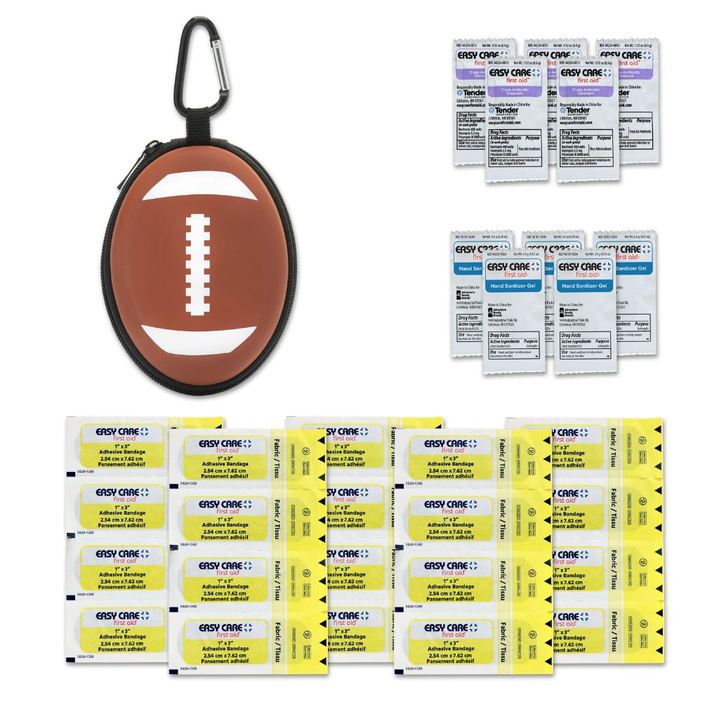Football-shaped first aid kit with contents boxes on a white background: bandages, hand sanitizer, and triple antibiotic ointment are included.