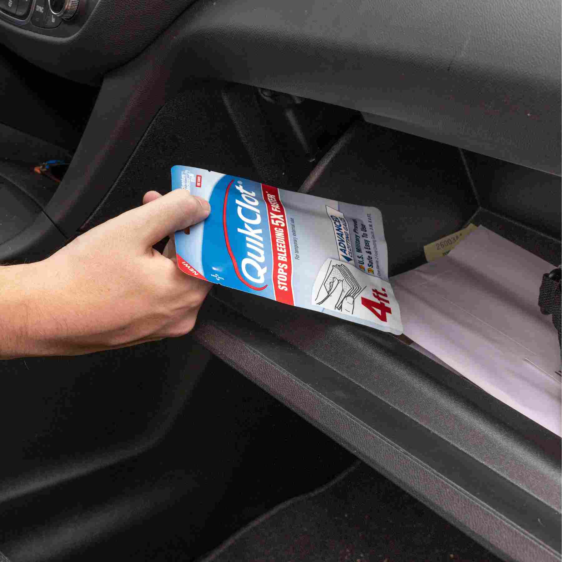 QuikClot Gauze 4 Foot pulling from glove box