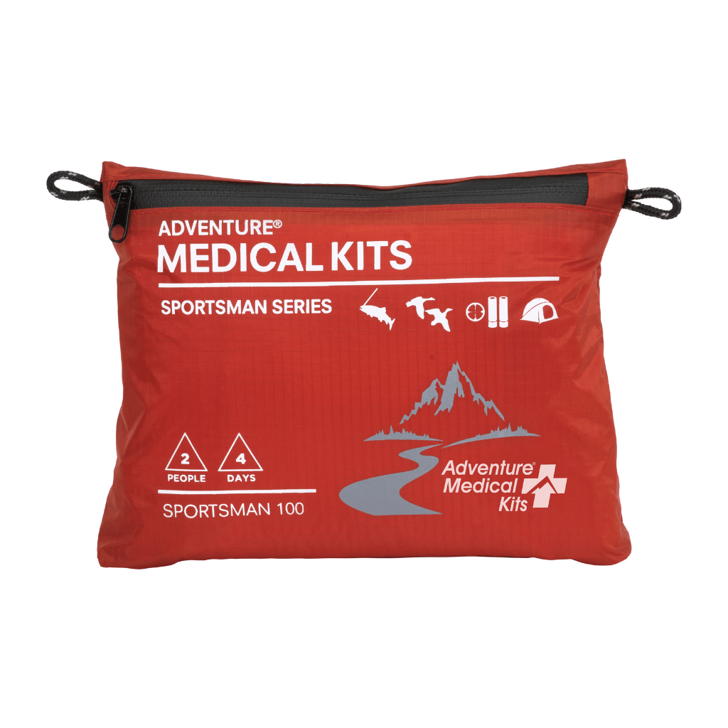 A red Adventure Medical Kits Sportsman Series 100 medical kit pouch with white text and graphics, shown on a plain white background.