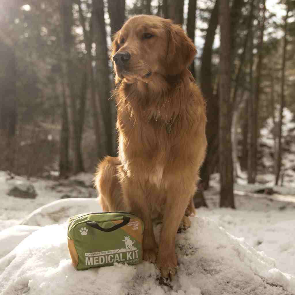 Adventure Dog Medical Kit - Workin' Dog placed next to golden retriever dog in snow