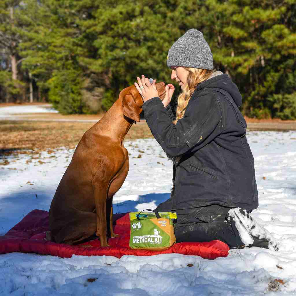 Adventure Dog Medical Kit - Me & My Dog placed on blanket in snow in front of woman and brown dog