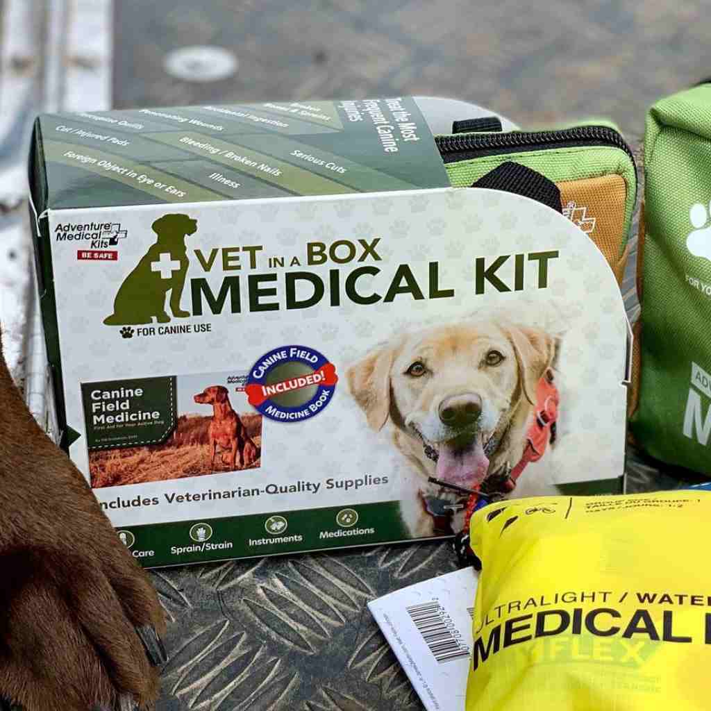 Adventure Dog Medical Kit - Vet in a Box close up of kit with dog paw next to it