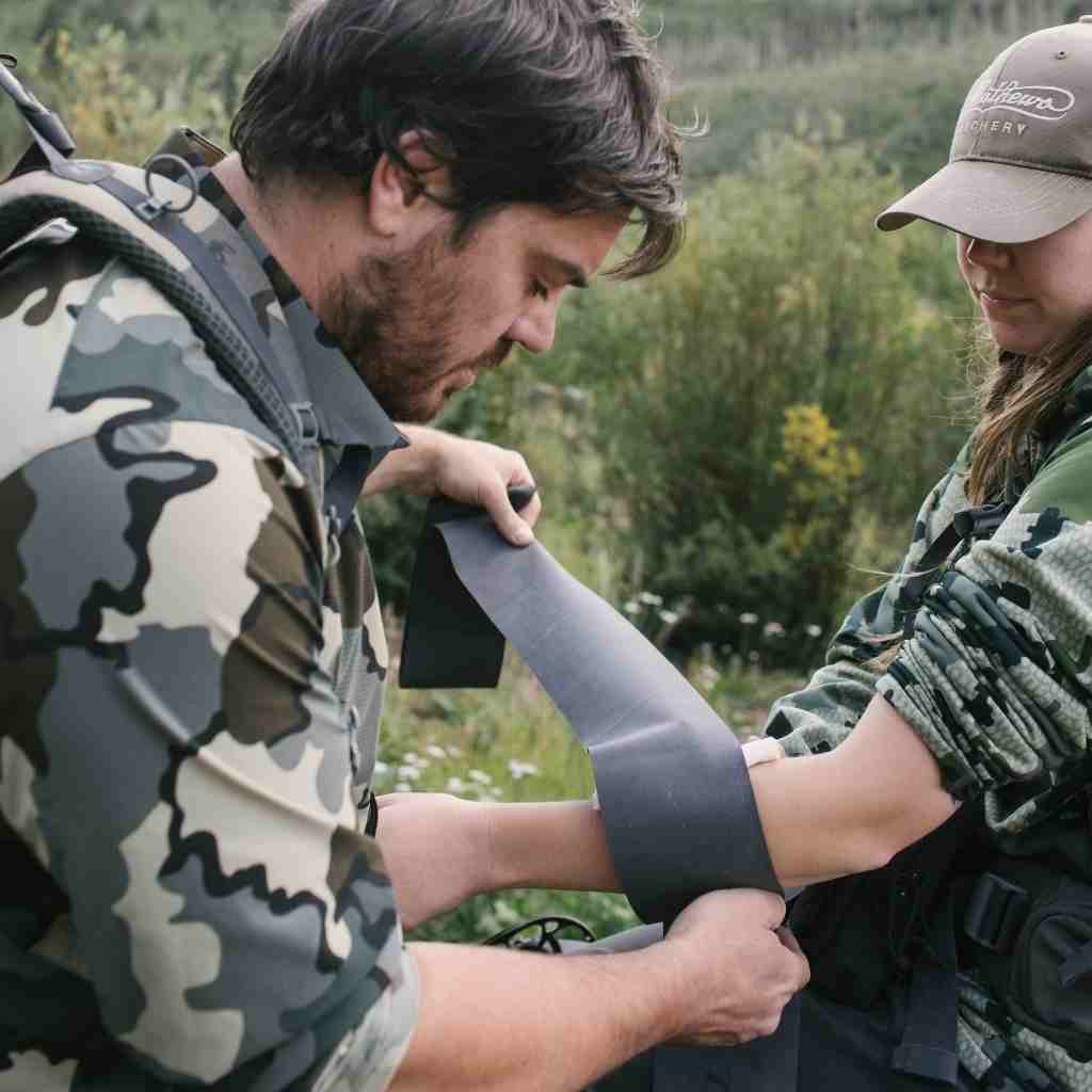 Adventure Medical Trauma Tourniquet man applying tourniquet to woman's arm dressed in camo