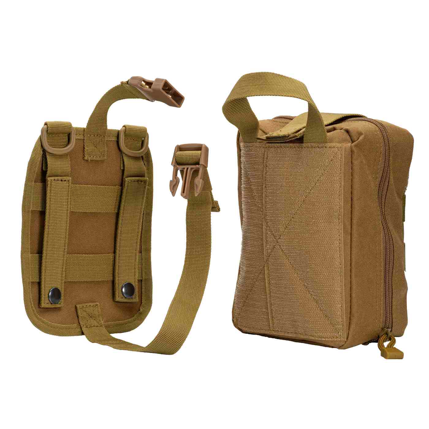 MOLLE Bag Trauma Kit 2.0 - Khaki kit with Velcro panel showing next to attachment panel