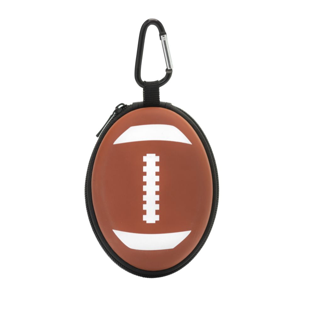 Football-shaped first aid kit with carabiner on a white background