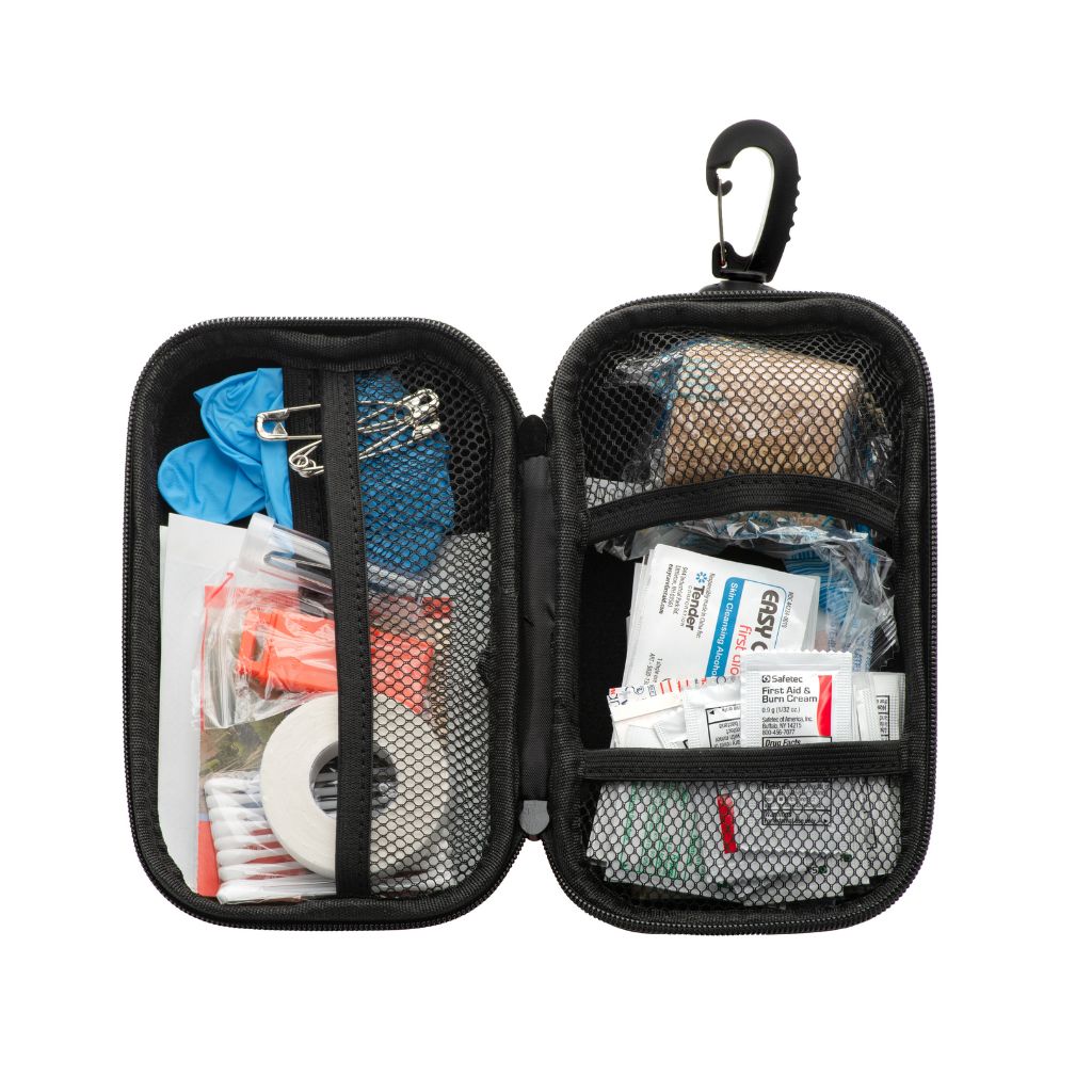 Open Adventure First Aid 1.5 kit with supplies in the kit pockets